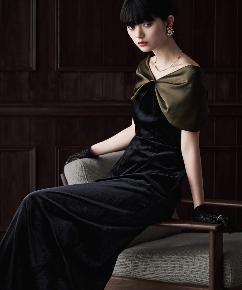 Black velvet dress with olive satin shawl