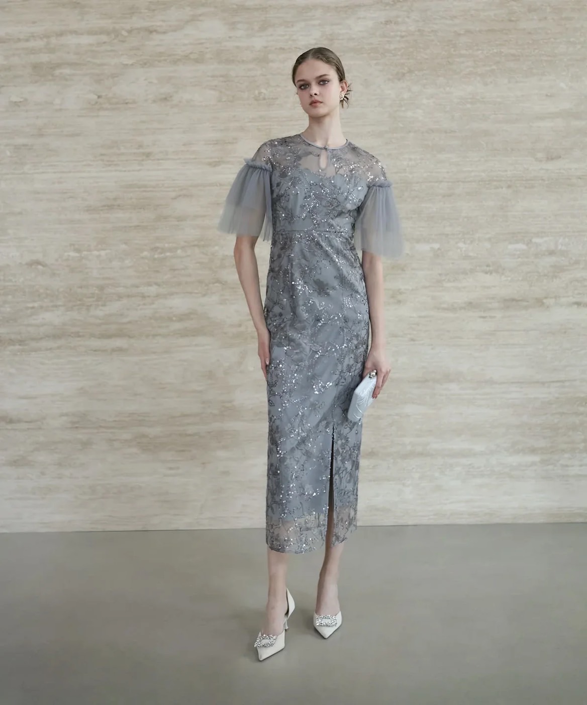 Dusty blue lace midi dress